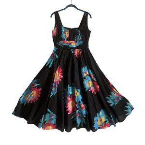 Calvin Klein maxi dress, flared, with flowers. Black-blue-pink. Size 6. Mid-Calf